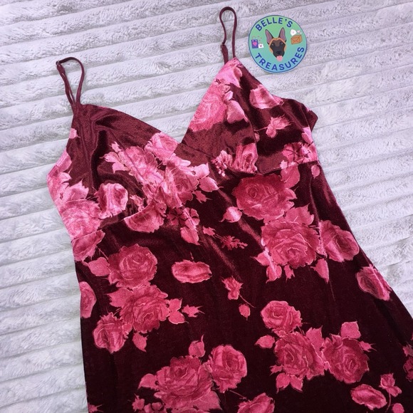 Women's XL Red Pink Rose Velvet Midi Babydoll Tie Waist Tank Dress Y2K 90s Fairy - Picture 1 of 9